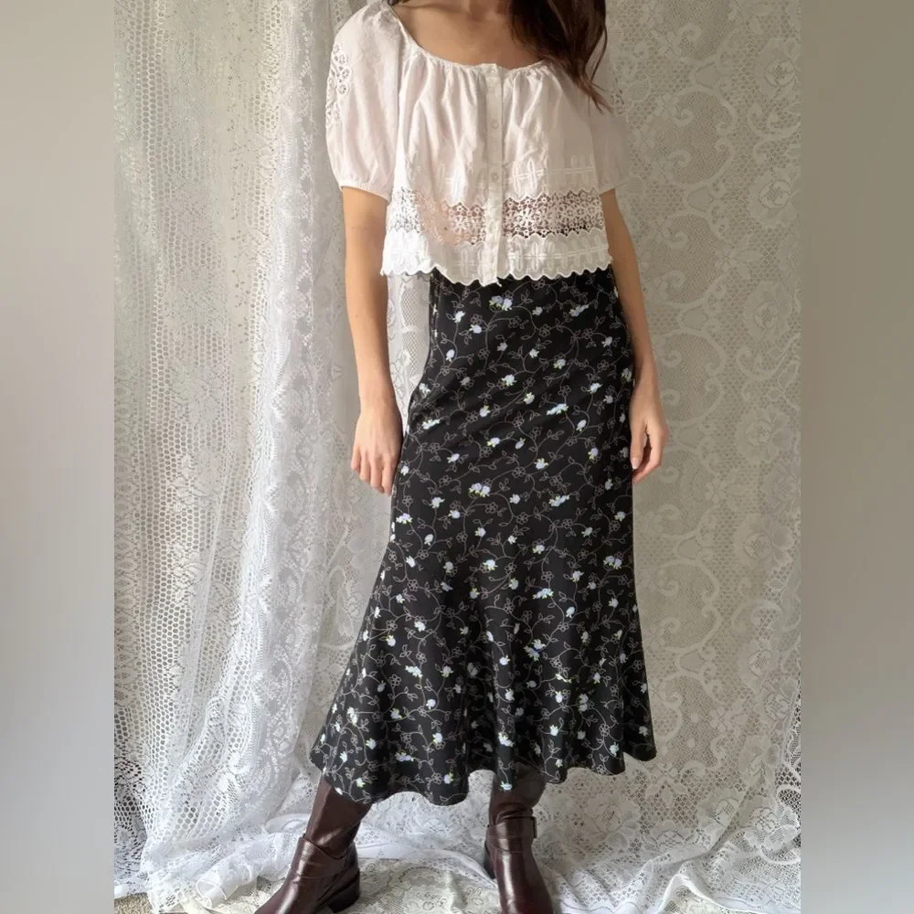 Vintage Sag Harbor Black Floral Midi Skirt Y2K Cottagecore
